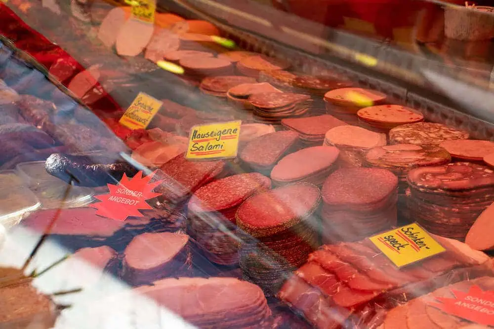 Marktstand Metzgerei J. Hilgemeier & Sohn Langenfelder Wochenmarkt Bild 2