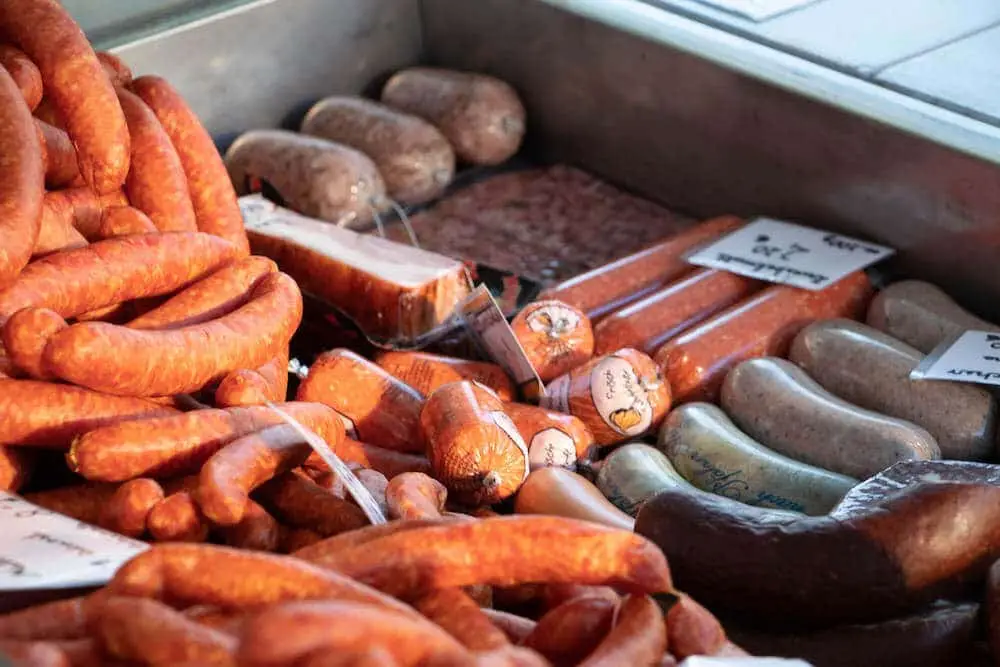 Marktstand Bergische Mettwurst auf dem Wochenmarkt in Langenfeld Bild 4